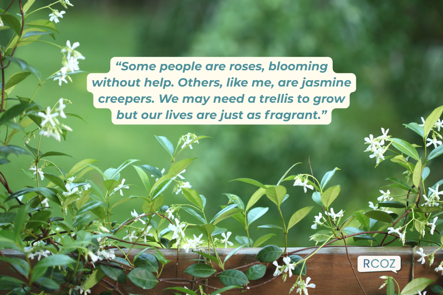 Jasmine flowers climbing a railing, symbolizing resilience and recovery, a visual metaphor for living with bipolar disorder.